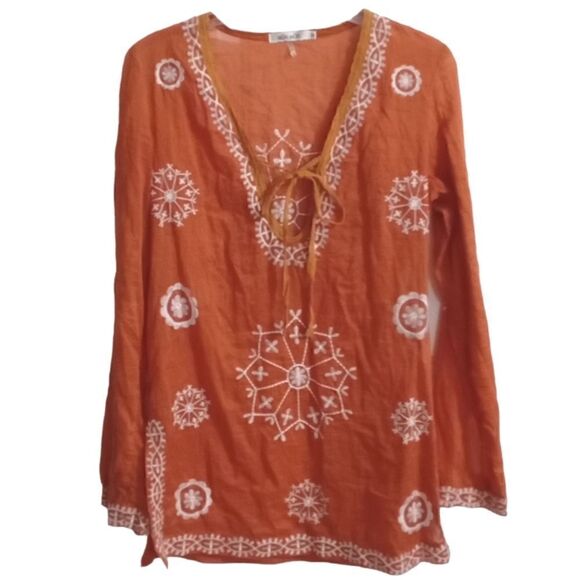 Mur Mur Sheer Embroidered Tunic Size M Orange and White V Neck with Tie - Picture 1 of 10